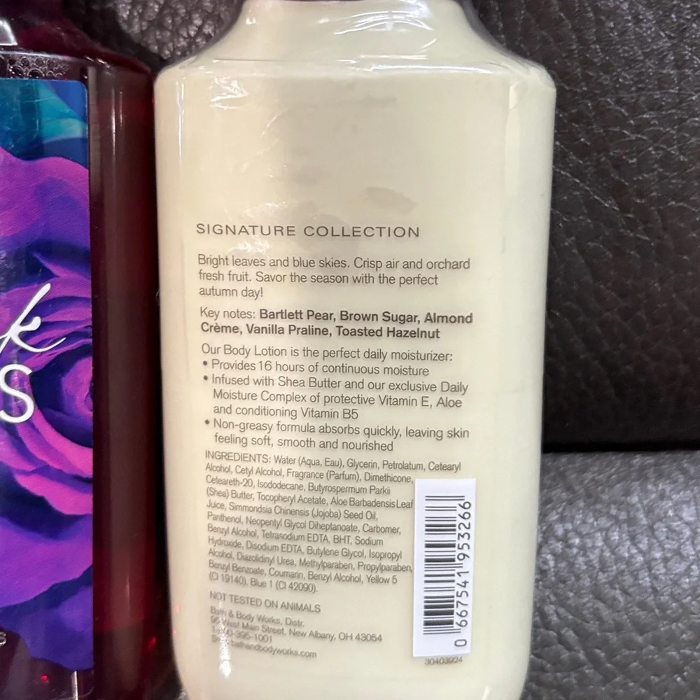 Bath and body body care set in dark kiss and golden pear and brown sugar